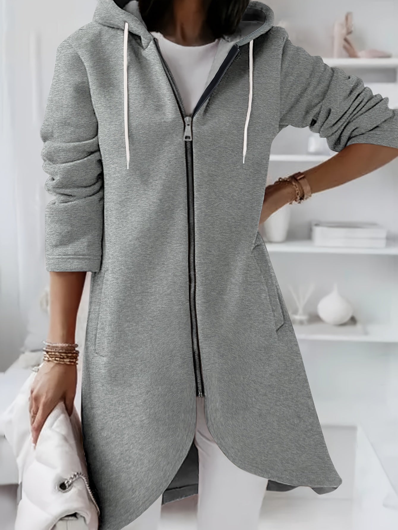 ModeGeist | Reißverschluss Kordelzug Midi Kapuzenjacke