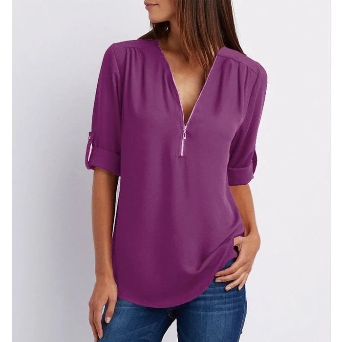 MODEGEIST Damen Bluse V-Ausschnitt Reißverschluss rosa Kurzarm