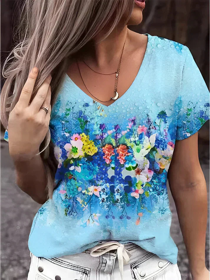 Blumendruck-T-Shirt mit V-Ausschnitt von Zosia