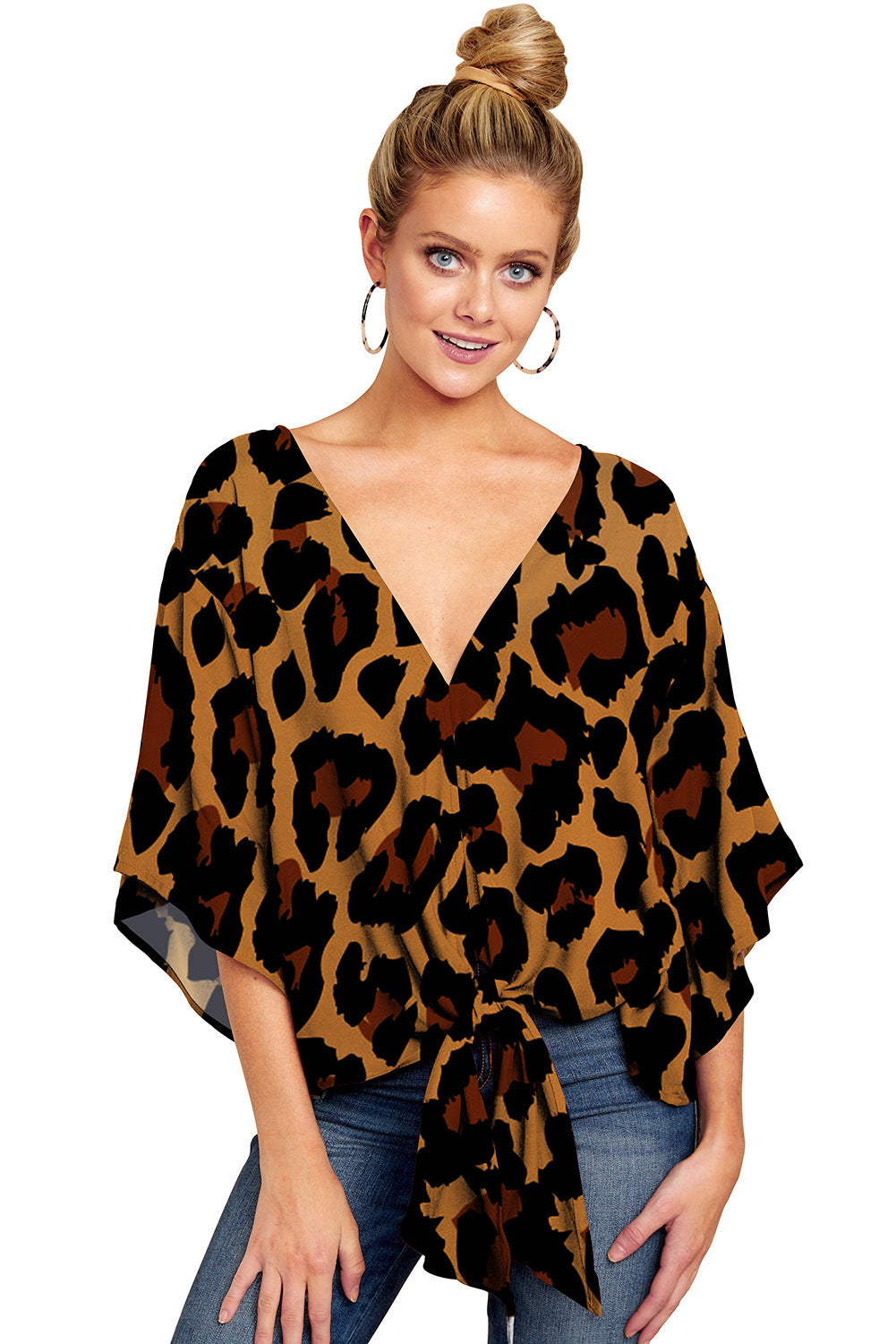 Damenbluse mit Leopardenmuster und Fledermausärmeln von Fudus
