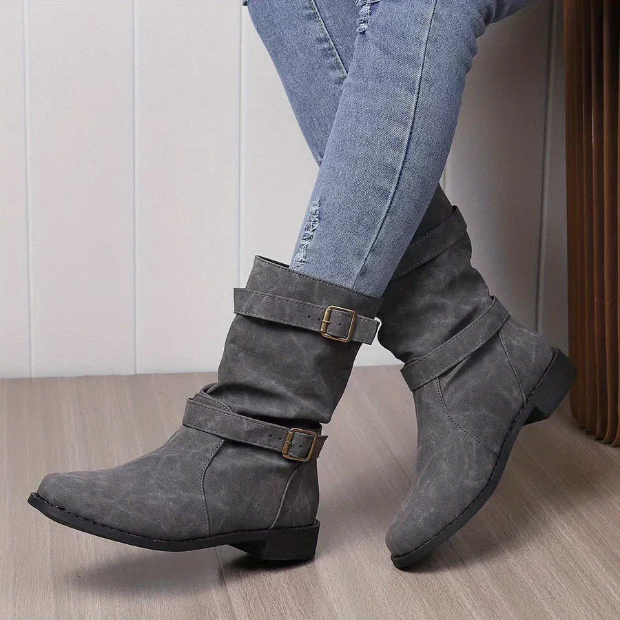 ModeGeist | Vintage Schnalle Strap Western Ankle Boots für Frauen
