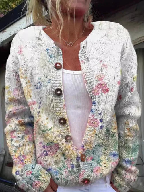 ModeGeist | Knopflose Strickjacke mit Blumenmuster Strick Elegant und Komfortabel