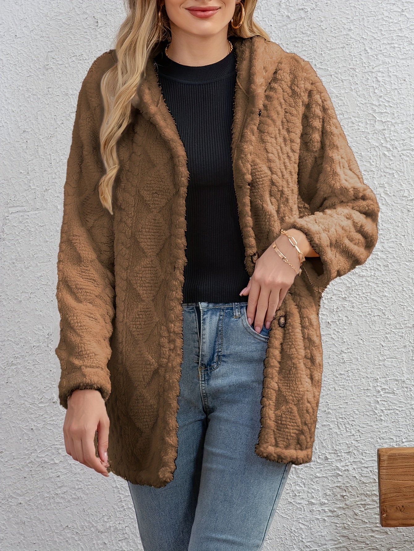ModeGeist | Fluffy Kapuzenjacke mit Knöpfen Polyester Weich und Warm