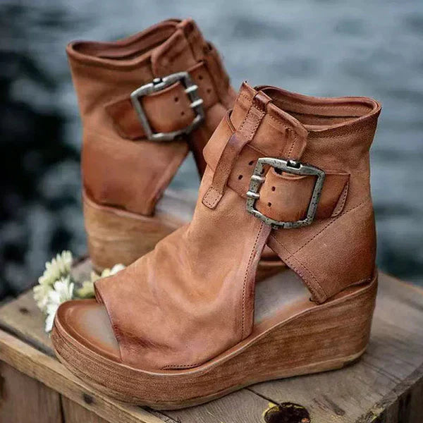 MODEGEIST Damen Keilabsatz Sandalen Schnalle Boho-Design Sommerschuhe