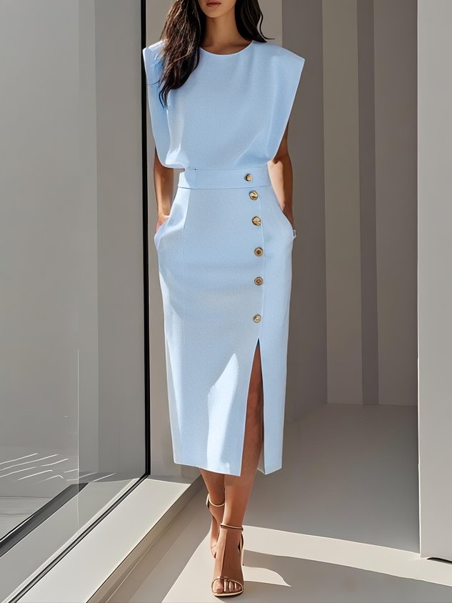 MODEGEIST Damen Midi-Kleid Entspannter Schnitt Knopfdetail Vielseitig