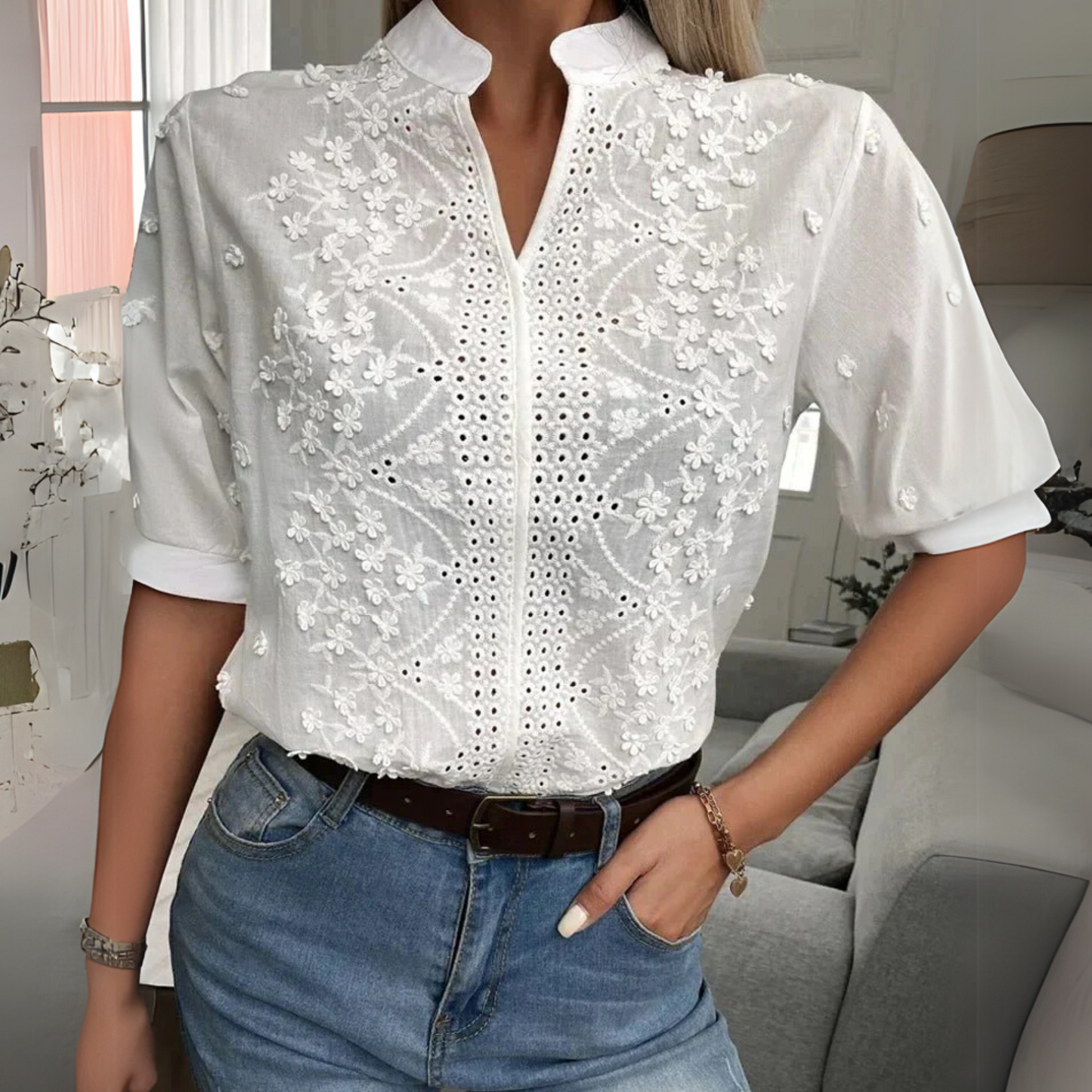 MODEGEIST Damen Bluse Weiß Stehkragen Blumenstickerei