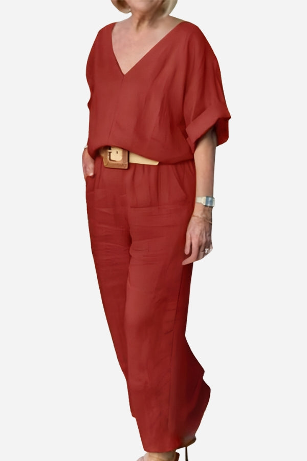 MODEGEIST Damen V-Ausschnitt Fledermaus-Top Gerade Hose Set Rot