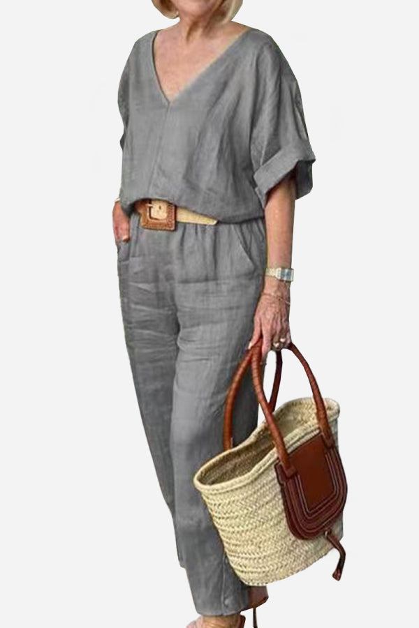 MODEGEIST Damen V-Ausschnitt Fledermaus-Top Gerade Hose Set Rot