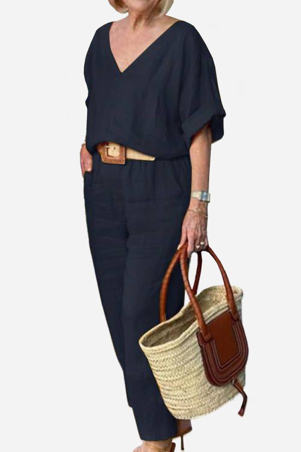 MODEGEIST Damen V-Ausschnitt Fledermaus-Top Gerade Hose Set Rot