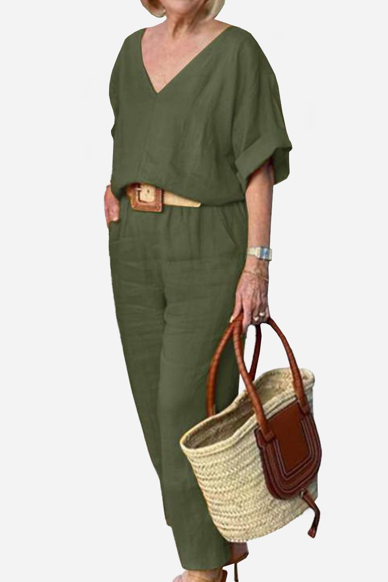 MODEGEIST Damen V-Ausschnitt Fledermaus-Top Gerade Hose Set Rot