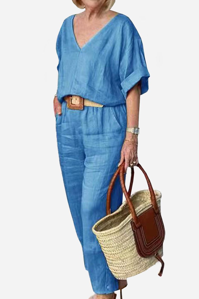 MODEGEIST Damen V-Ausschnitt Fledermaus-Top Gerade Hose Set Rot