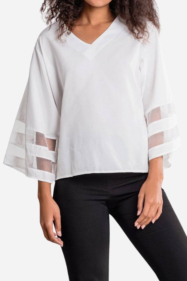 MODEGEIST Damen V-Ausschnitt Bluse Glockenärmel Mesh-Einsatz