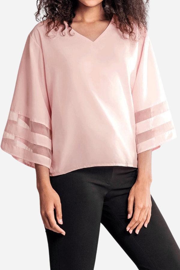 MODEGEIST Damen V-Ausschnitt Bluse Glockenärmel Mesh-Einsatz