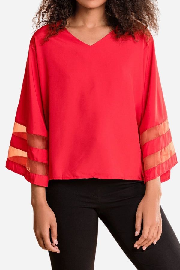 MODEGEIST Damen V-Ausschnitt Bluse Glockenärmel Mesh-Einsatz
