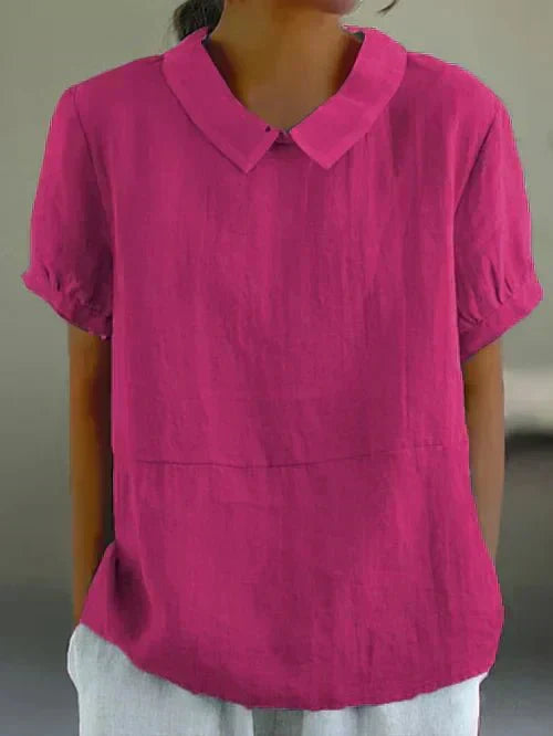 MODEGEIST Damen Bluse kurzarm Peter-Pan-Kragen Leinen-Optik hellblau