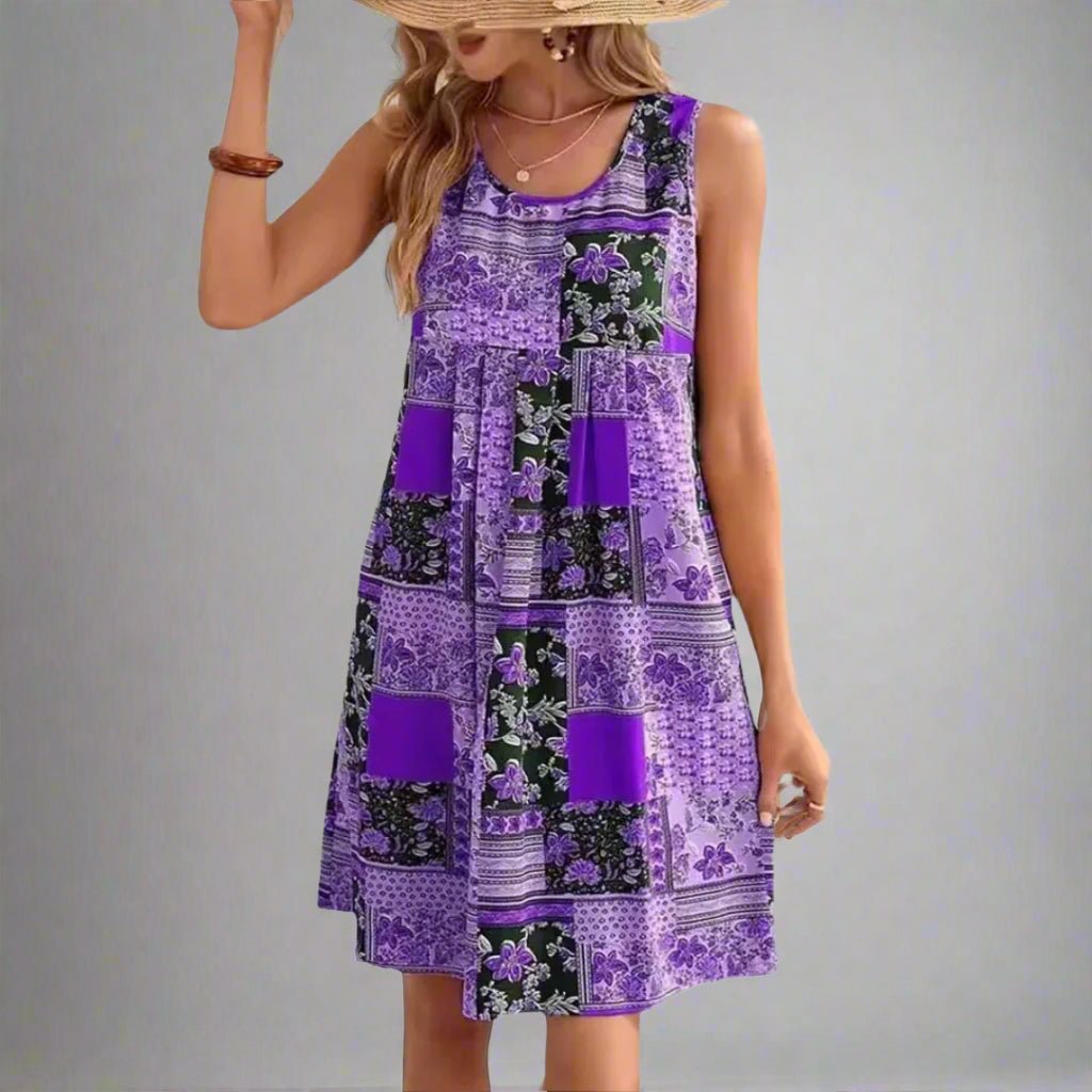 MODEGEIST Damen Mini-Kleid Patchwork-Print ärmellos Baumwollmischung Sommer