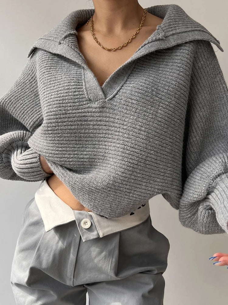ModeGeist | Strickpullover mit Laternenärmeln und offenem Kragen