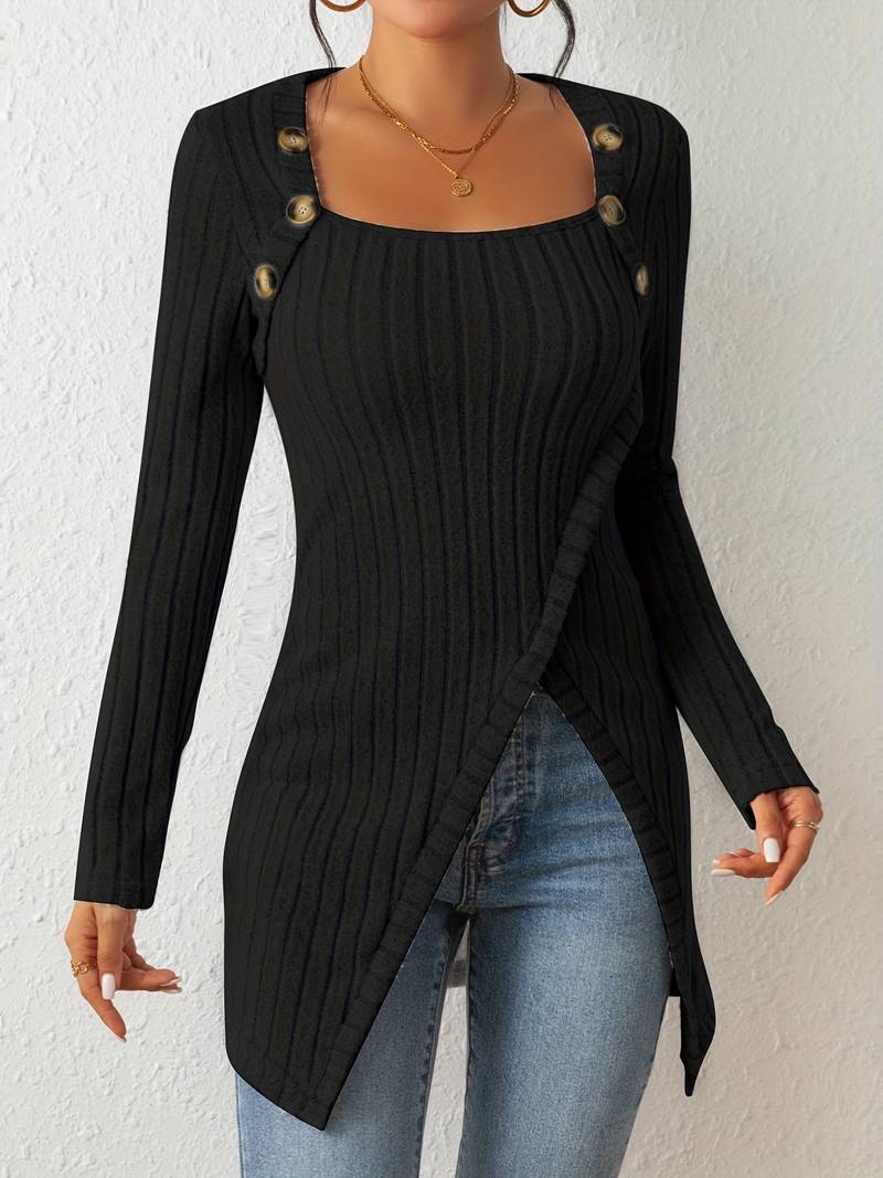 ModeGeist | Quadrat Ausschnitt Pullover mit Langen Ärmeln und Seitlichem Schlitz