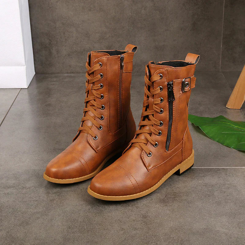 ModeGeist | Kreuzriemen Reißverschluss Splicing Chunky Stiefel