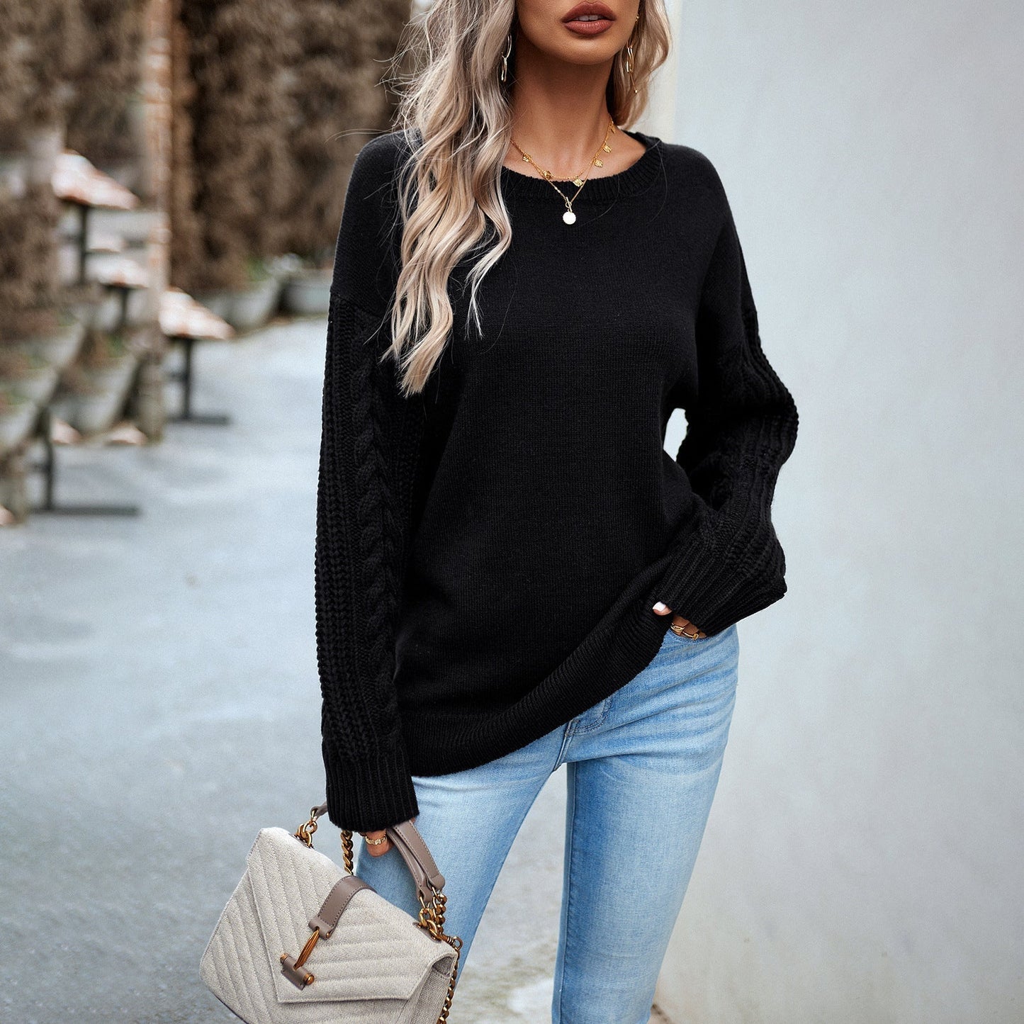 ModeGeist | Strickpullover Geflochtene Ärmel Legere Passform