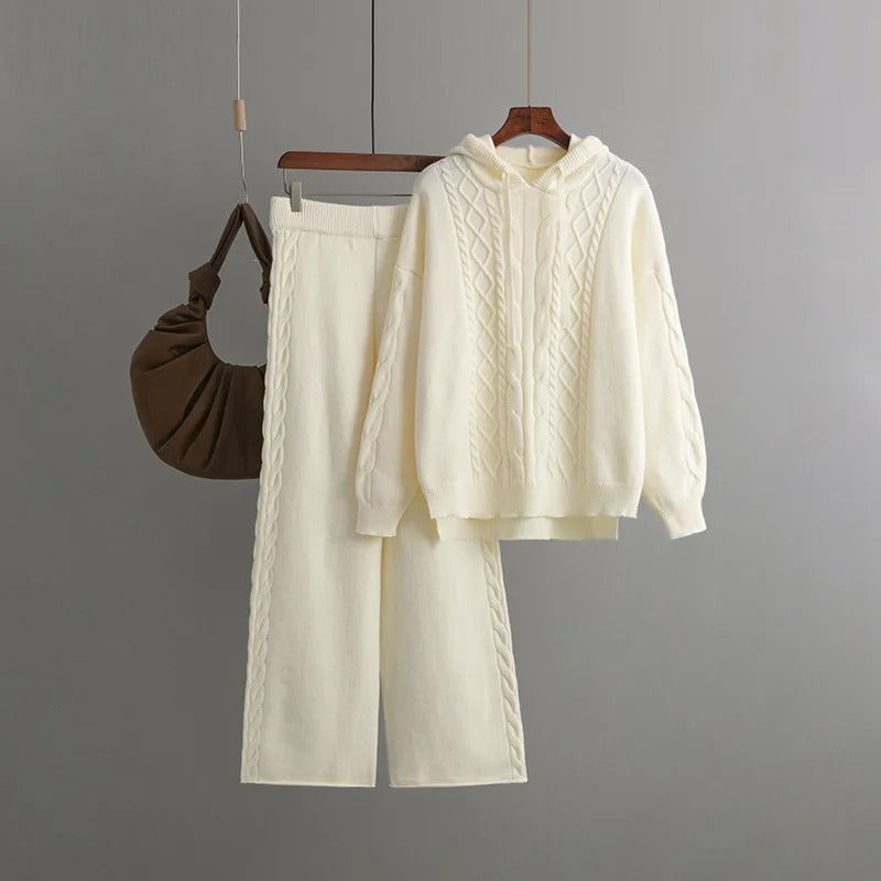 Fudus Langarm-Strickpullover mit weiten Hosen – Zweiteiliger Satz