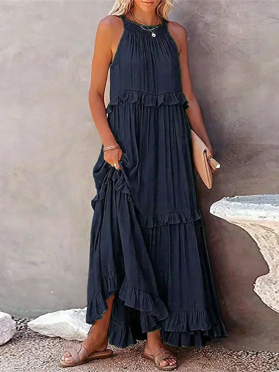 MODEGEIST Damen Ärmelloses Kleid Rüschen Fließend Sommerkleid Romantisch