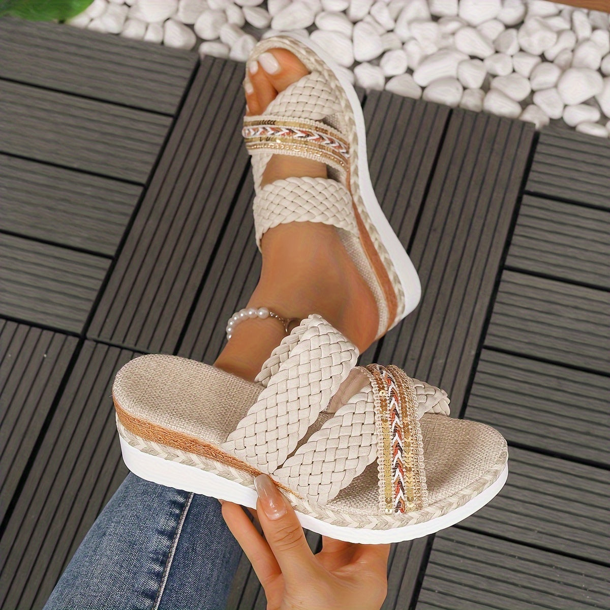 MODEGEIST Damen Geflochtene Slip-On Sandalen Sommer