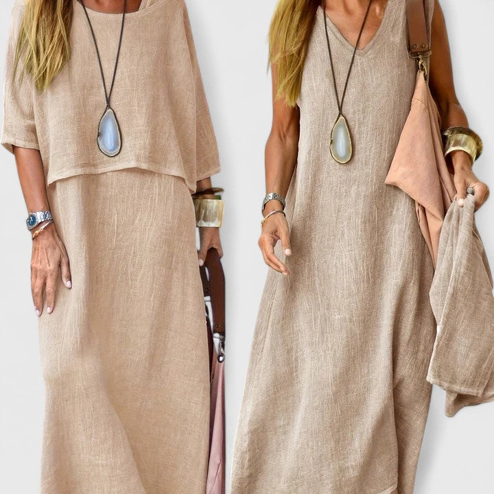 MODEGEIST Damen Zweiteiler Maxi-Kleid Leinen-Look Beige