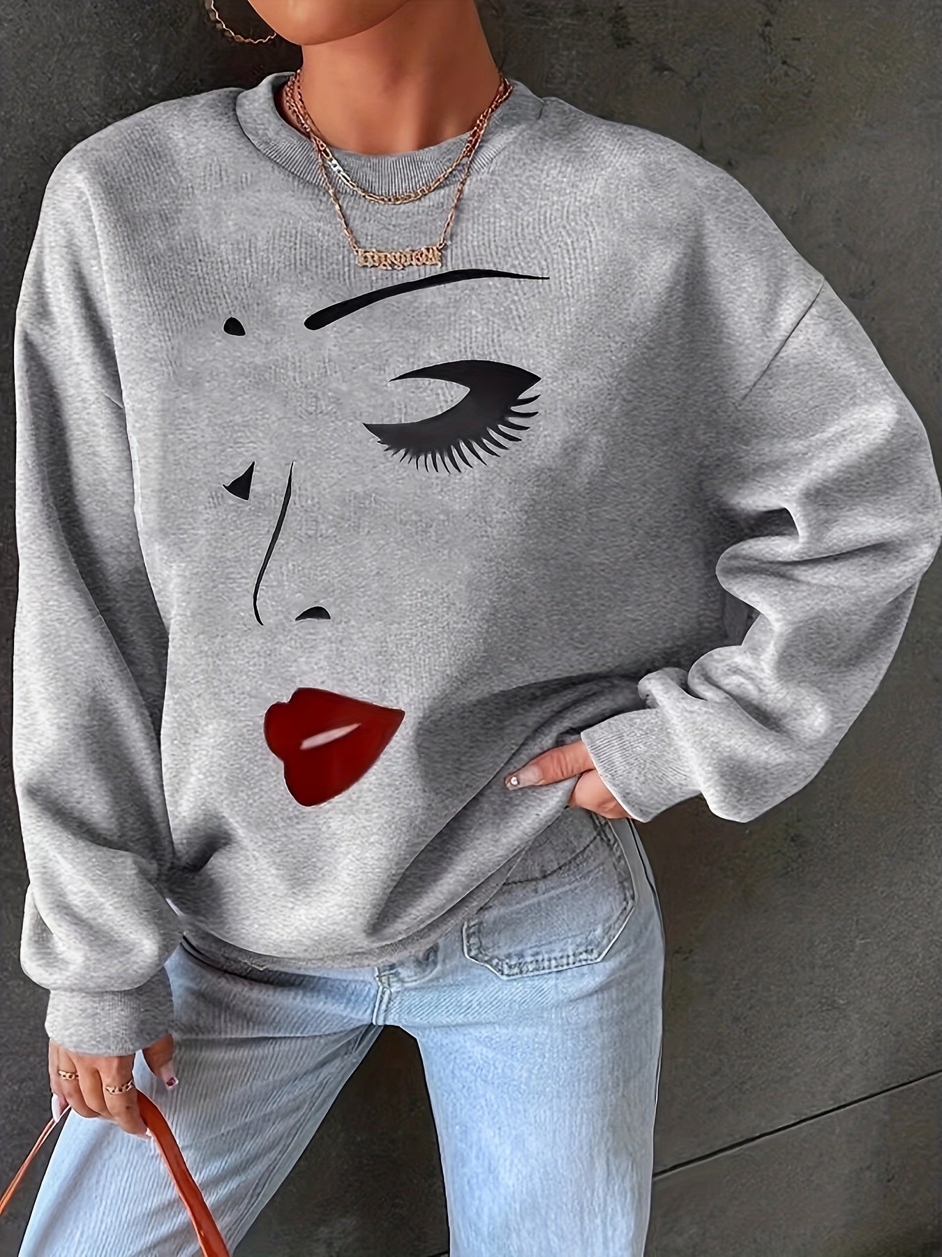 ModeGeist | Sweatshirt mit Gesichtsdruck Baumwolle Künstlerisch und Bequem