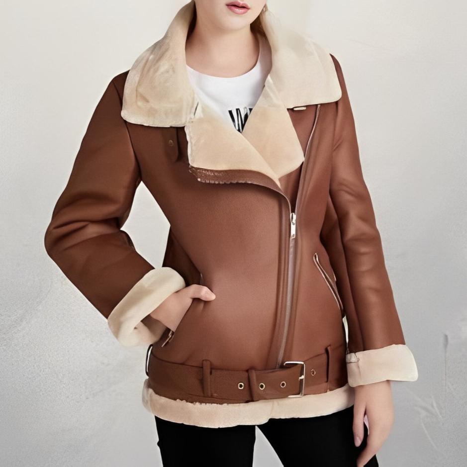Edle Leder-Bikerjacke von Alva mit Polokragen und Gürtel