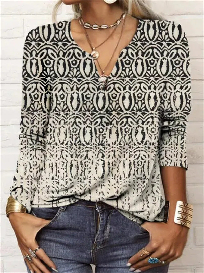 Damen Langarm T-Shirt mit Blumenmuster und V-Ausschnitt von Fudus Lockeres