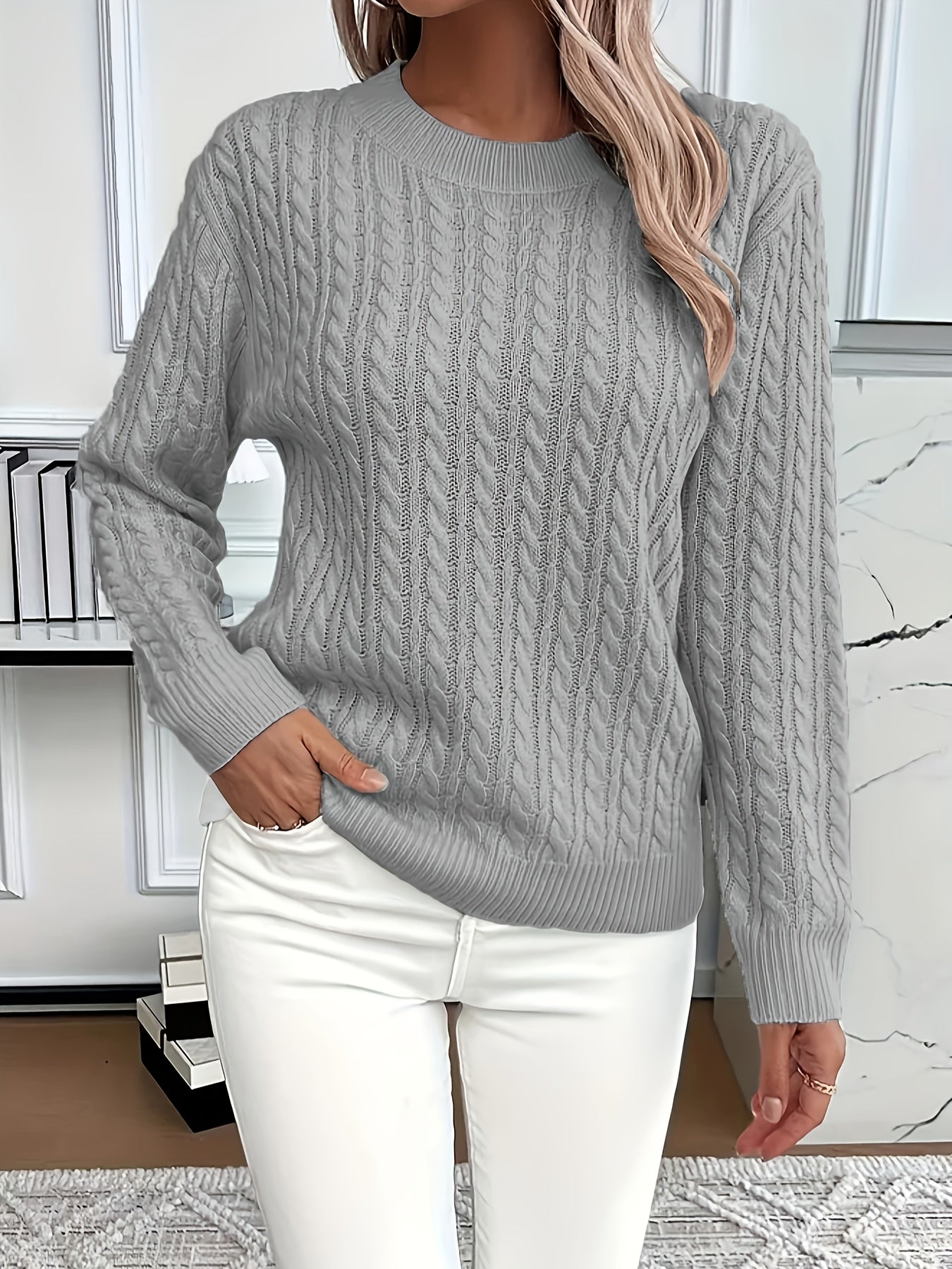 MODEGEIST Damen Cable-Knit Pullover Strick Beige Relaxed-Fit Winter