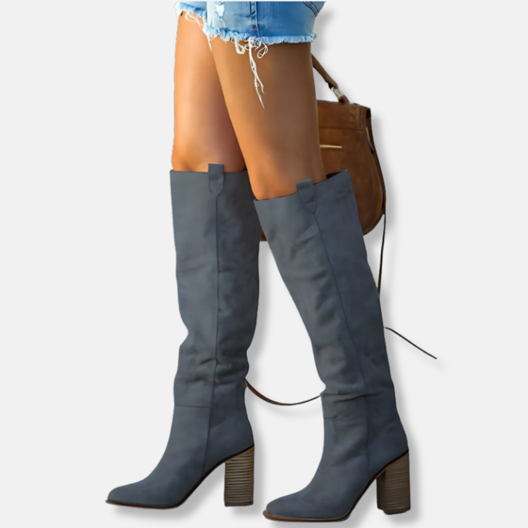 ModeGeist | Knöchelhohe Stiefel - Wildlederähnliches Textil - Chunky Blockabsatz - Spitz Zulaufende Zehen