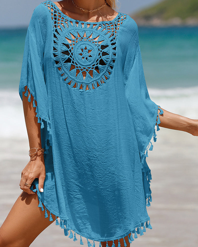 MODEGEIST Damen Strandkleid Cover-Up Häkel-Optik Quasten Weiß