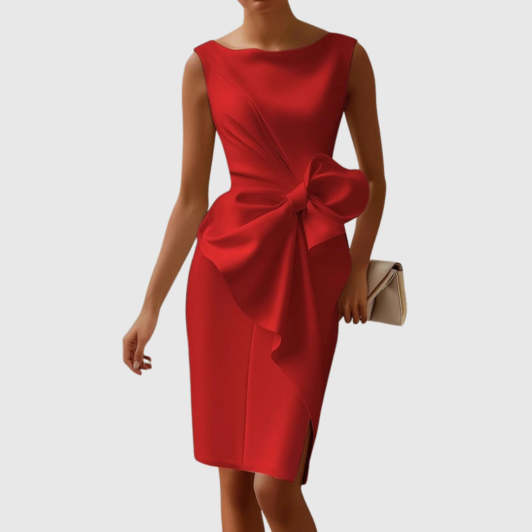 MODEGEIST Damen Midi-Kleid Carmenausschnitt Schleifendetail Schwarz