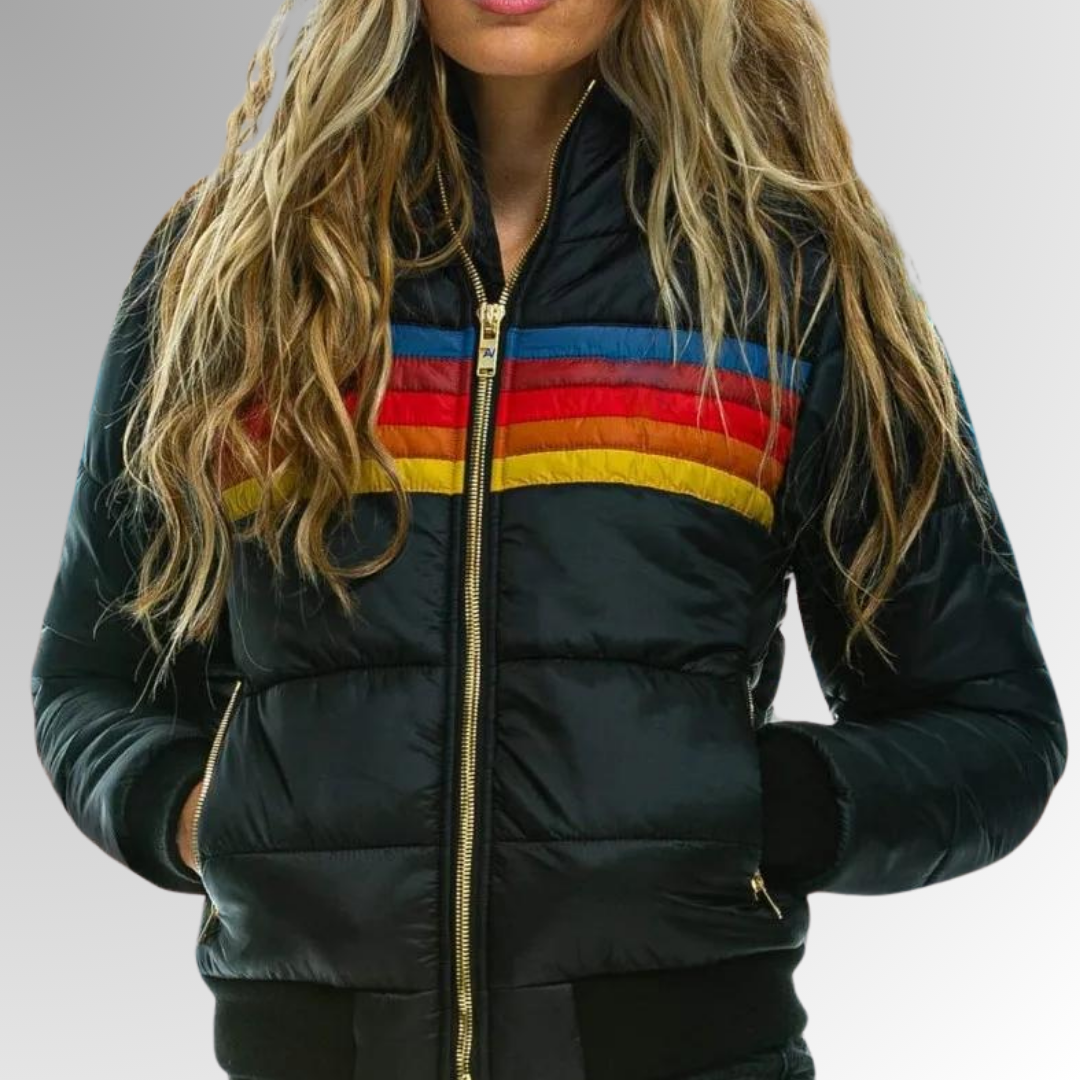 MODEGEIST Damen Retro Zip-Jacke Regenbogen-Streifen Funktionsjacke