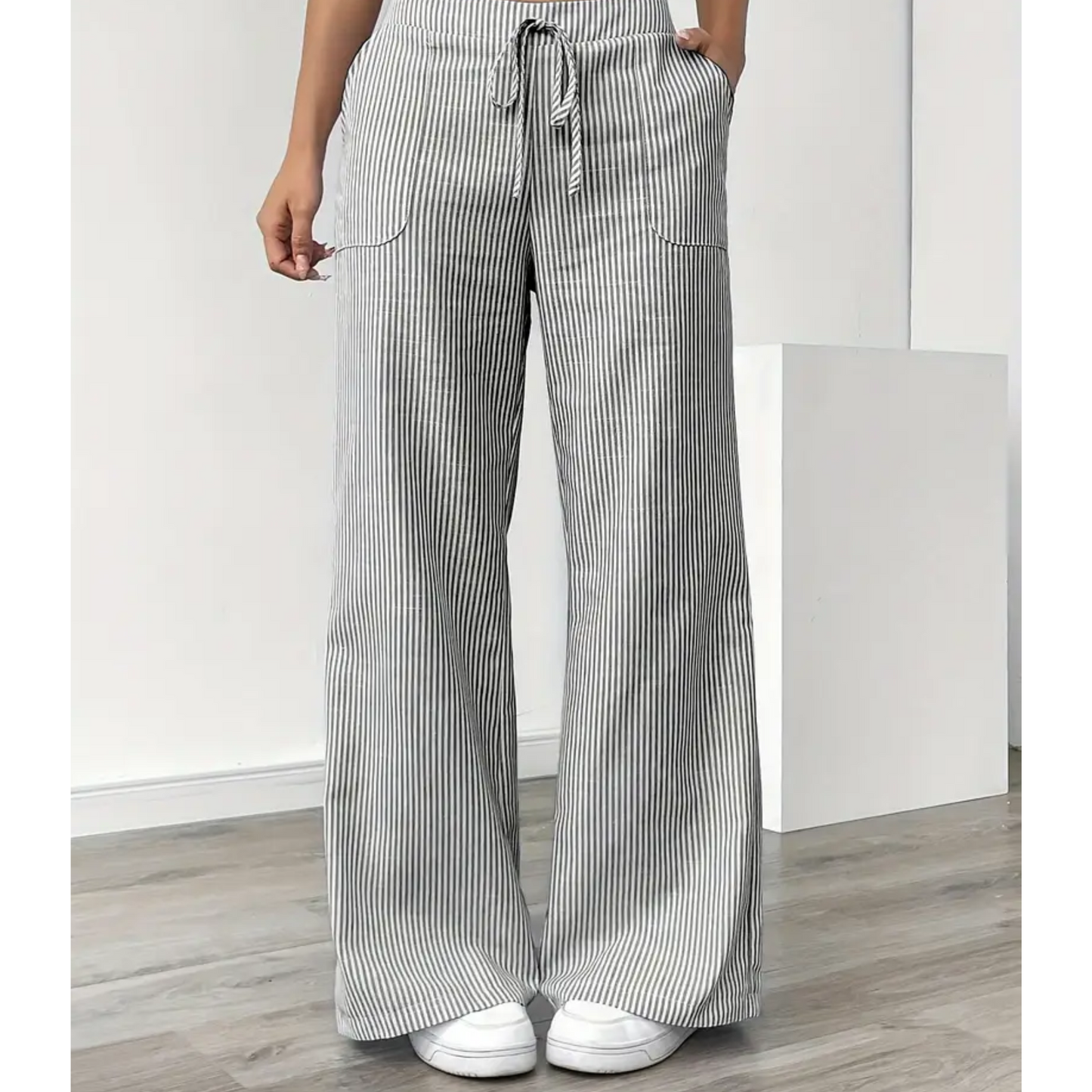 MODEGEIST Damen Gestreifte Hose Entspannte Passform Taschen