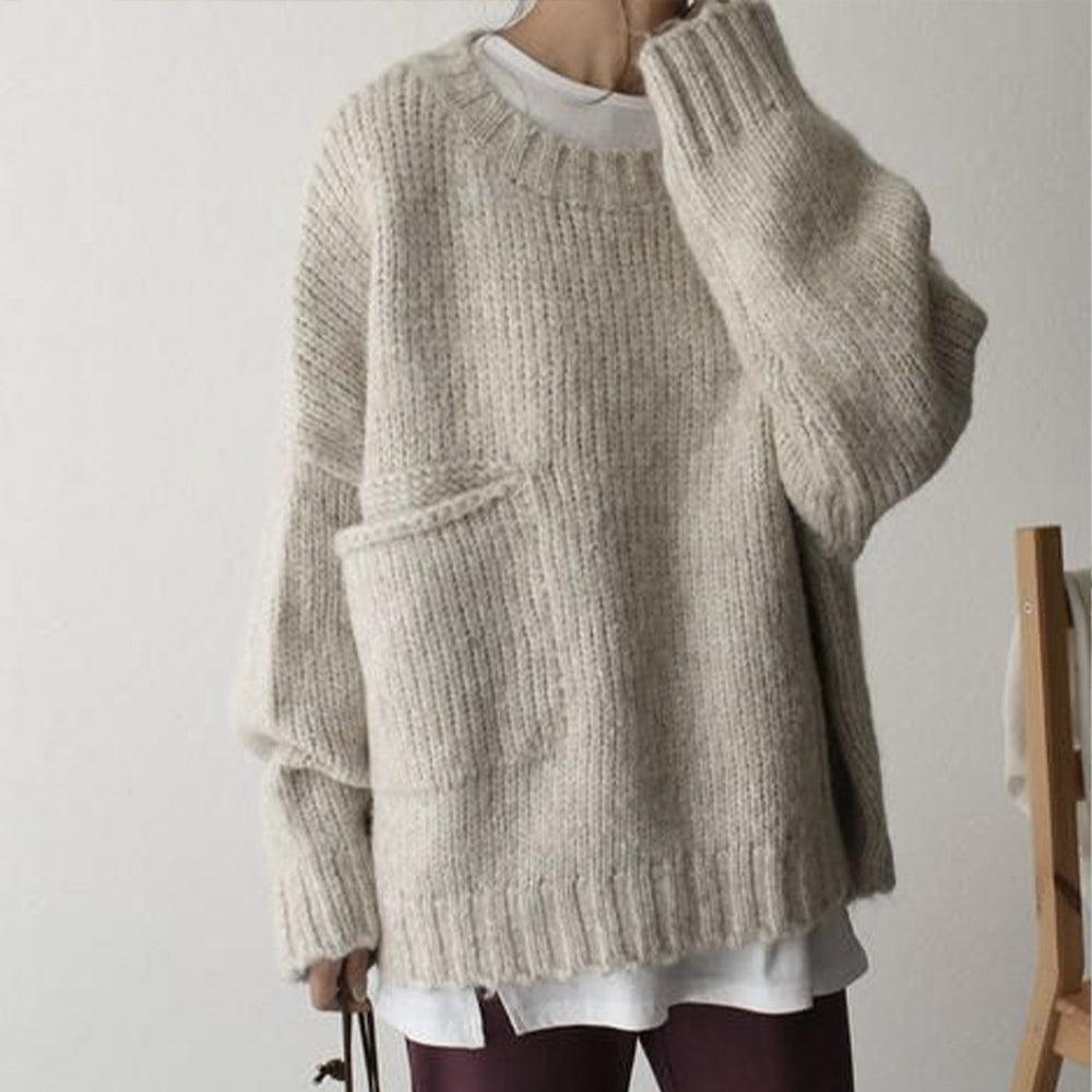 ModeGeist | Überdimensionierter Strickpullover mit Tasche Wollmischung Lässig und Warm