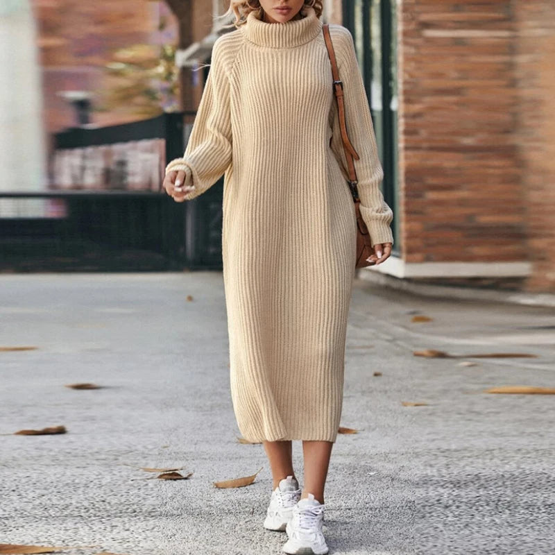 ModeGeist | Bequeme Damen Maxi Pullover Kleid mit Kragen
