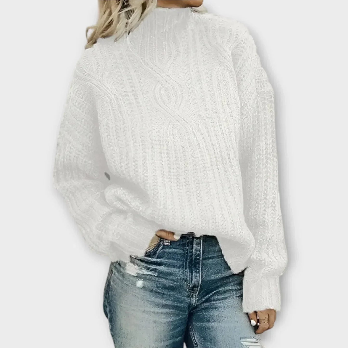 MODEGEIST Damen Pullover Stehkragen Zopfmuster Langarm Strick