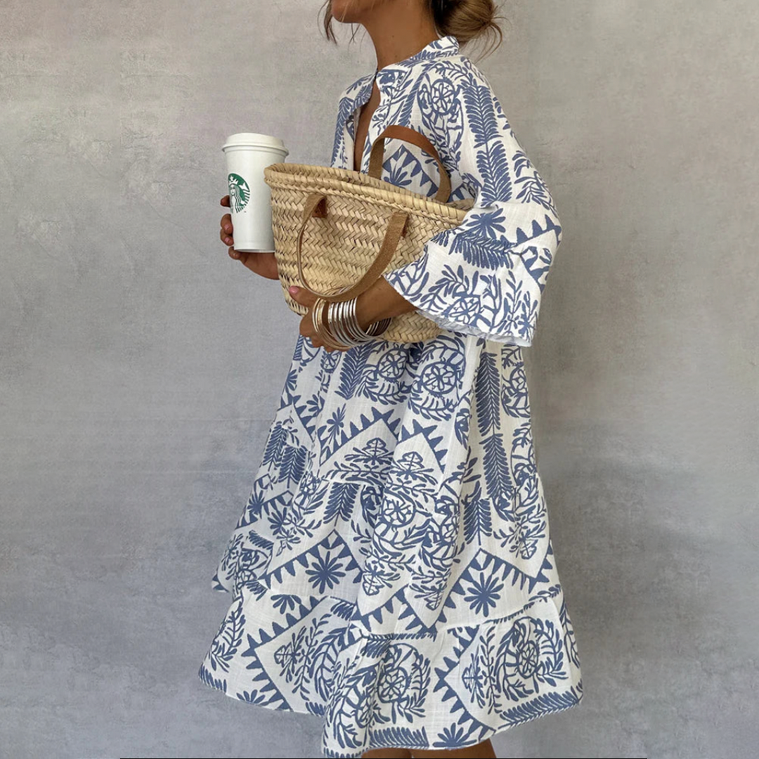 MODEGEIST Damen Boho Swing-Kleid Blau-Weiß Print V-Ausschnitt
