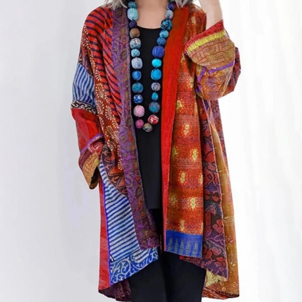 ModeGeist | Kimono-Jacke - Bohemian-Patchwork-Design - Leicht und Luftig - Langärmlig Offene Vorderseite