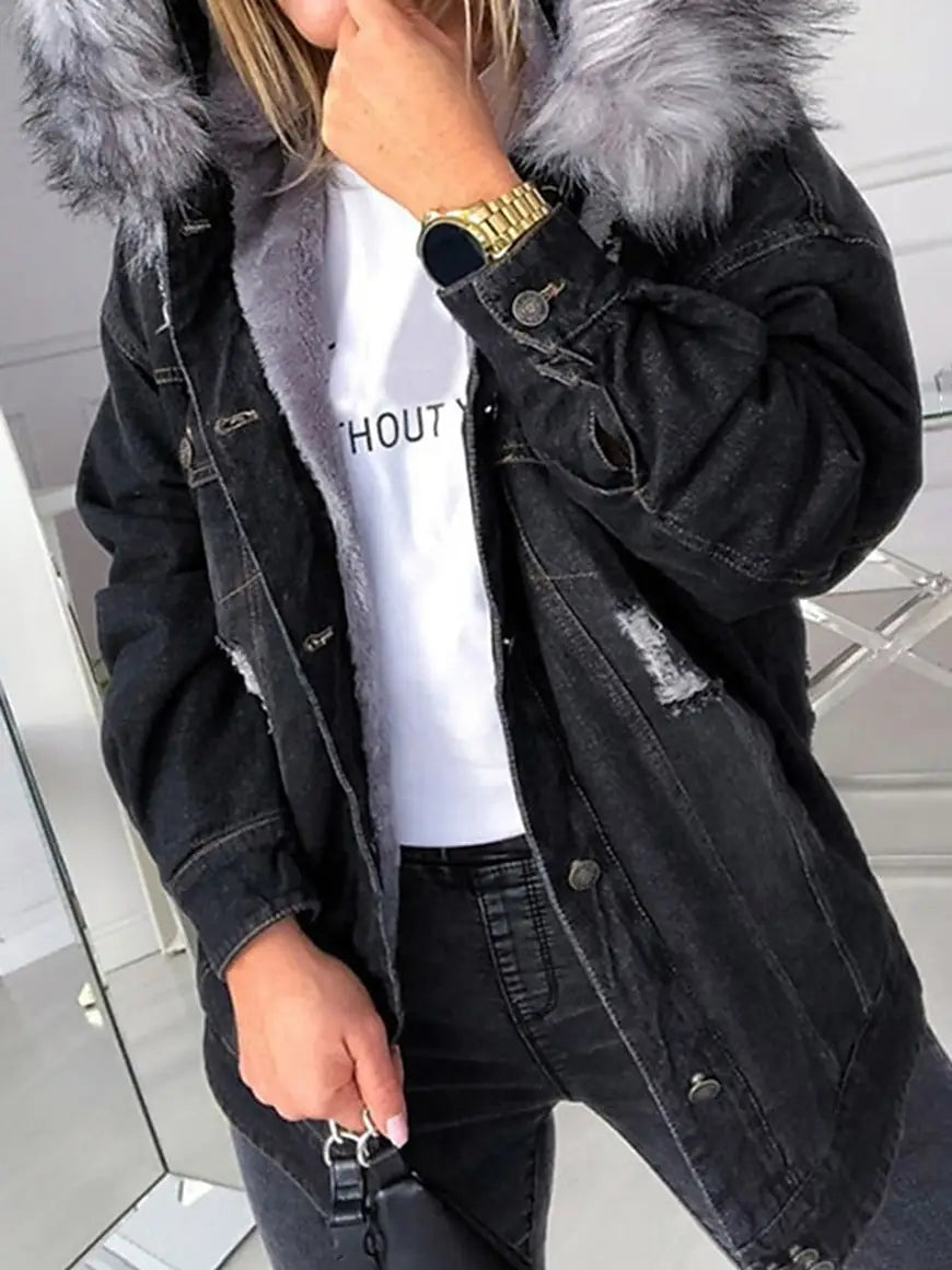 Damen-Jeansjacke von Kolseth mit stylischem Pelzkragen