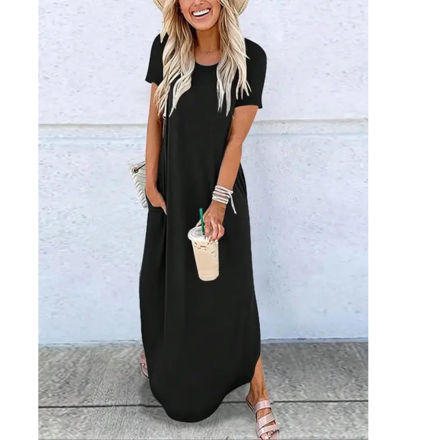 MODEGEIST Damen Maxi-Kleid Rundhals Casual Sommer Leicht