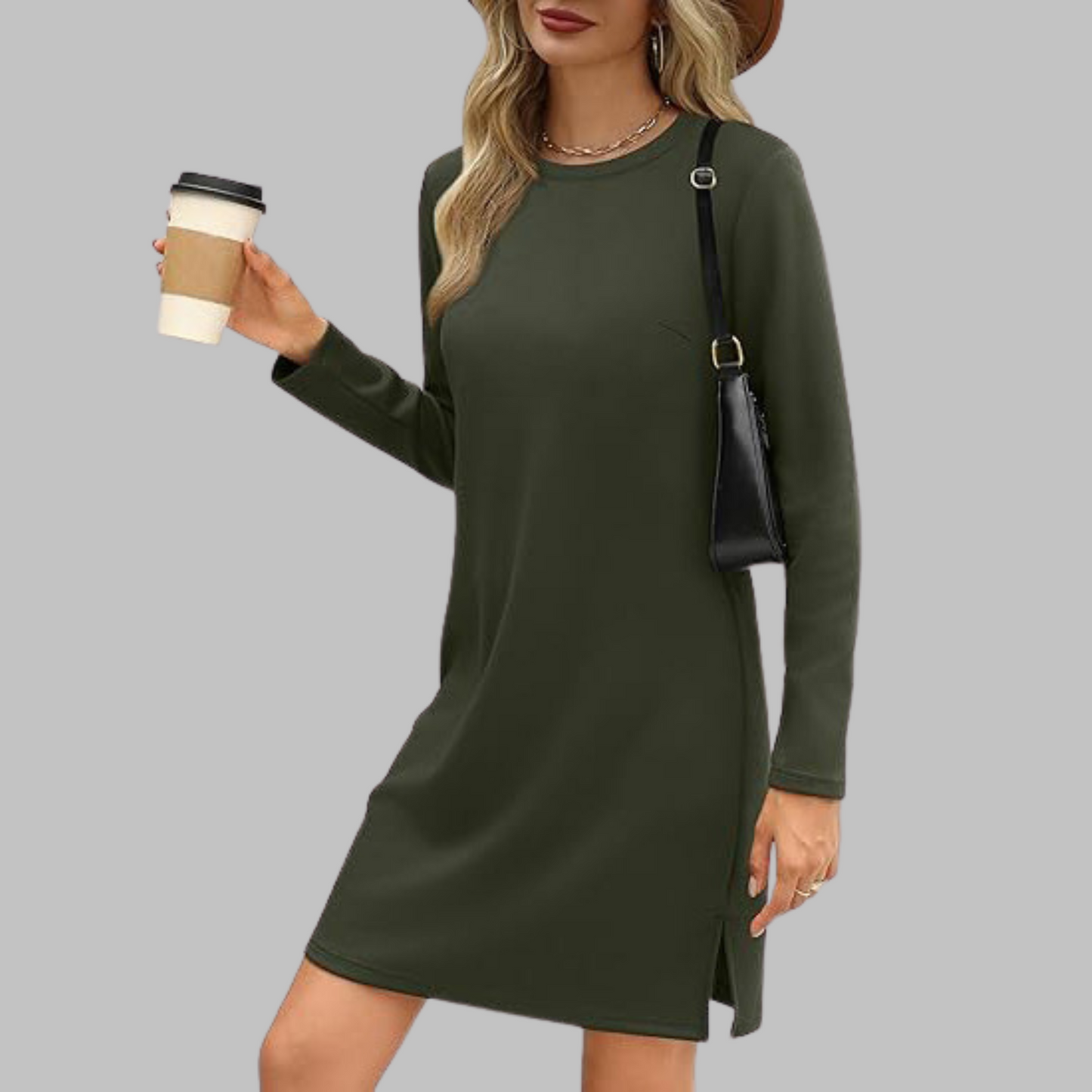 MODEGEIST Damen Langarmkleid Rundhals Relaxed Fit Alltagskleid