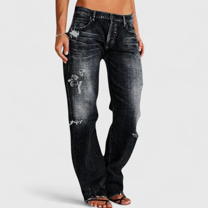 MODEGEIST Damen Straight Jeans Used-Look Low-Rise Hellblau Distressed