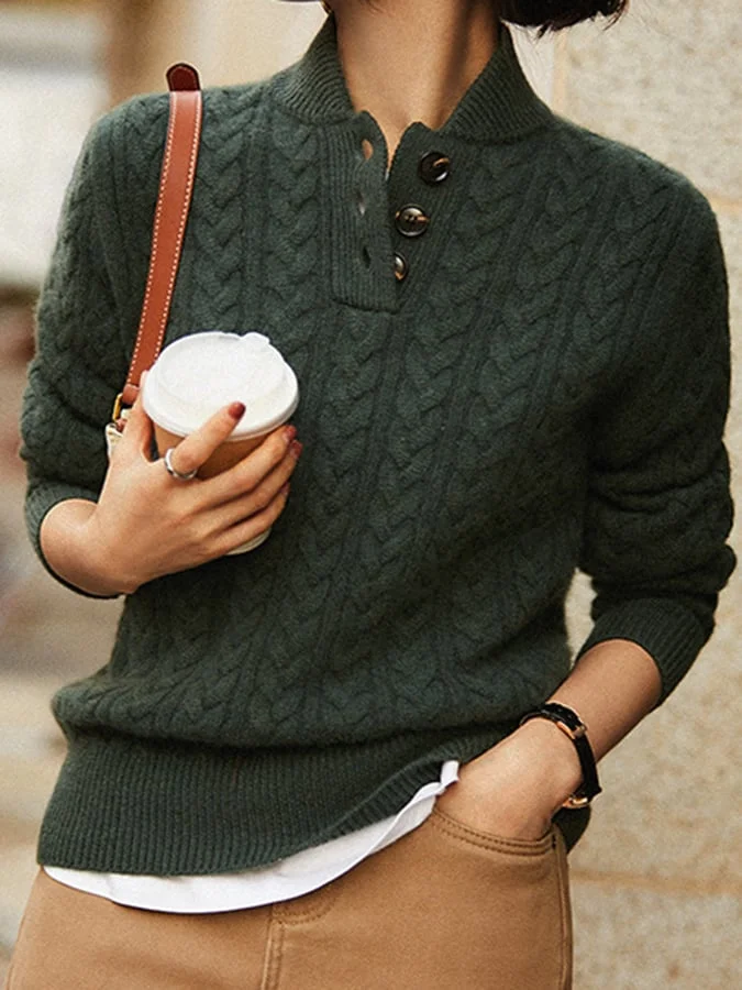Damen-Pullover mit Zopfmuster und Knopfleiste