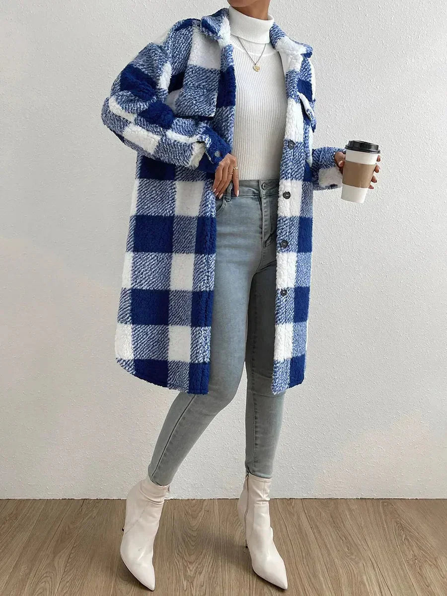 ModeGeist | Teddy Coat - Übergroße Passform - Karomuster - Mittel-länge - Klappentaschen