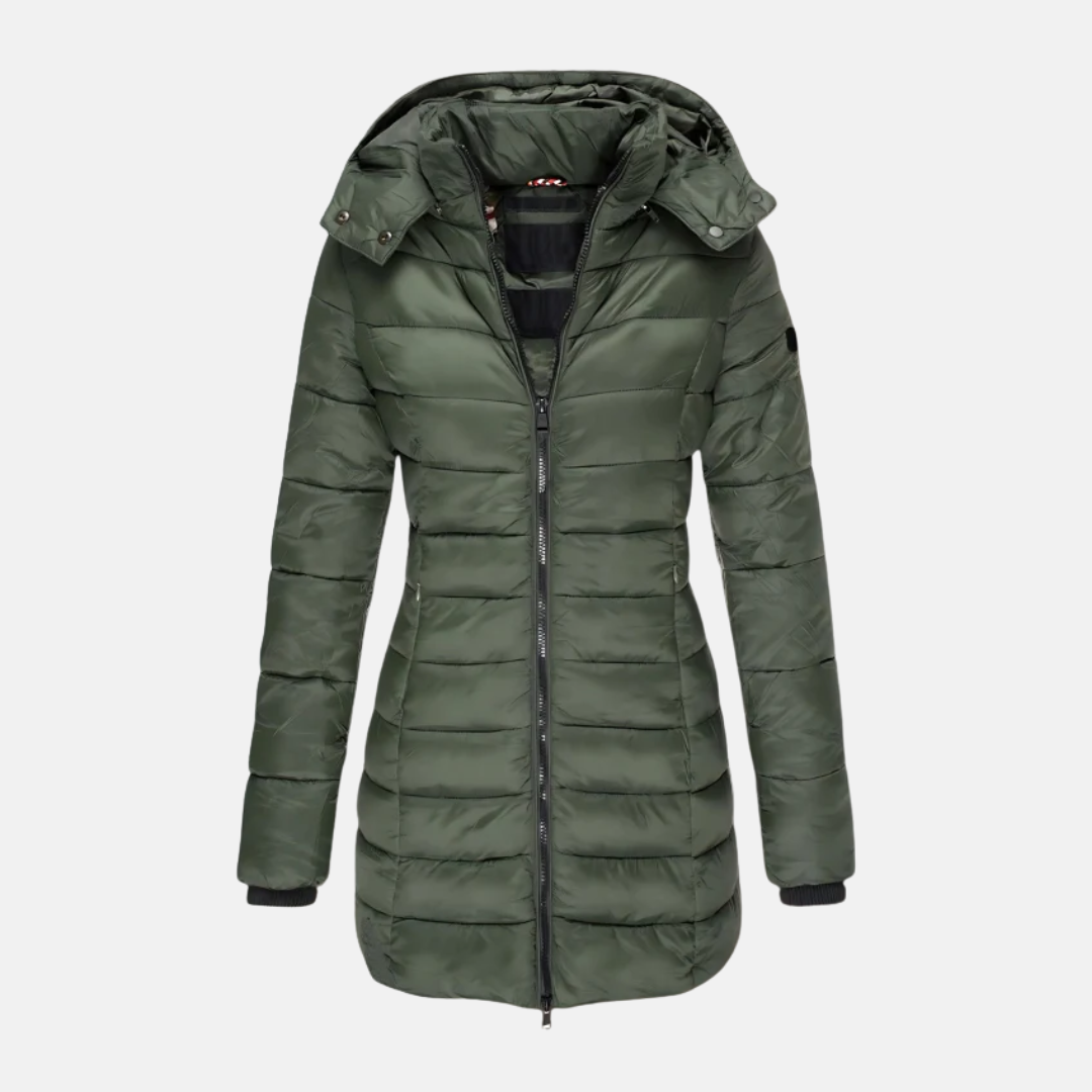 ModeGeist | Pufferjacke - Slim Fit - Gepolstert - Mittellang - Mit Kapuze und Rippbündchen