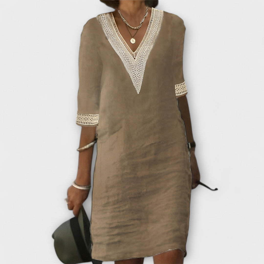 MODEGEIST Damen Häkel-Kleid Lochmuster Fließende Silhouette Boho